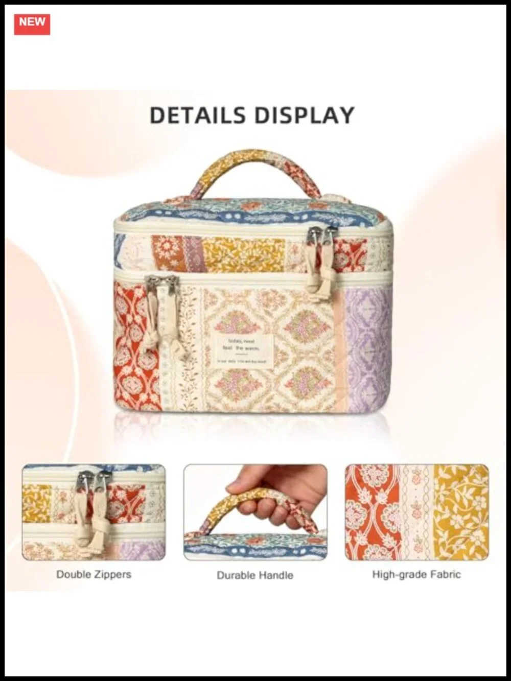 Quilted Cotton Cosmetic Bag Large Capacity Travel Makeup Organizer with Zipper